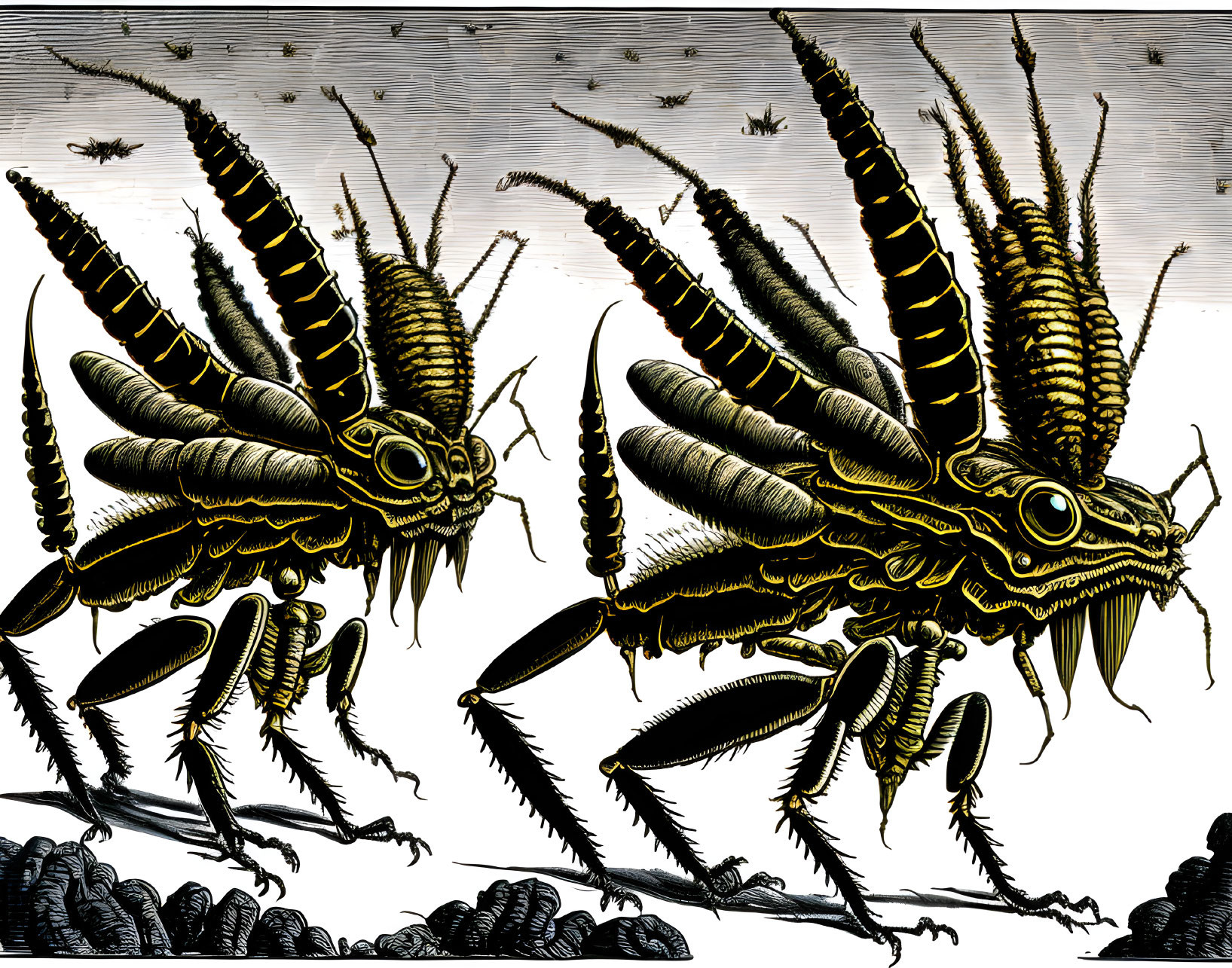 Stylized monstrous insects with multiple legs and large wings in dynamic composition