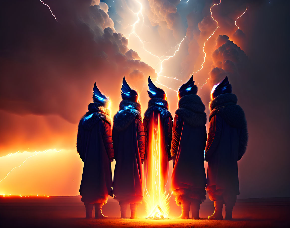 Four figures in cloaks and wolf masks near bonfire in stormy setting