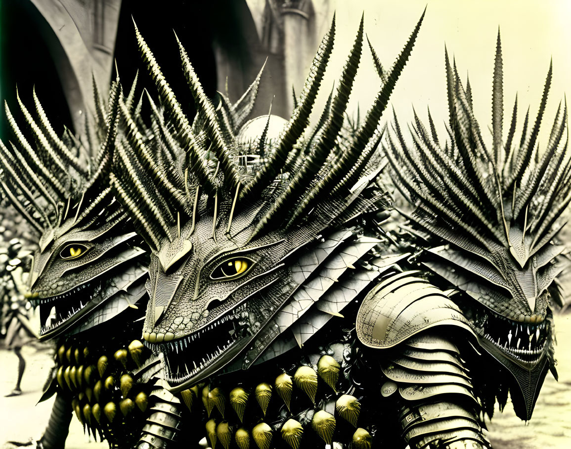 Three individuals in dragon costumes with spikes and scales in monochromatic style