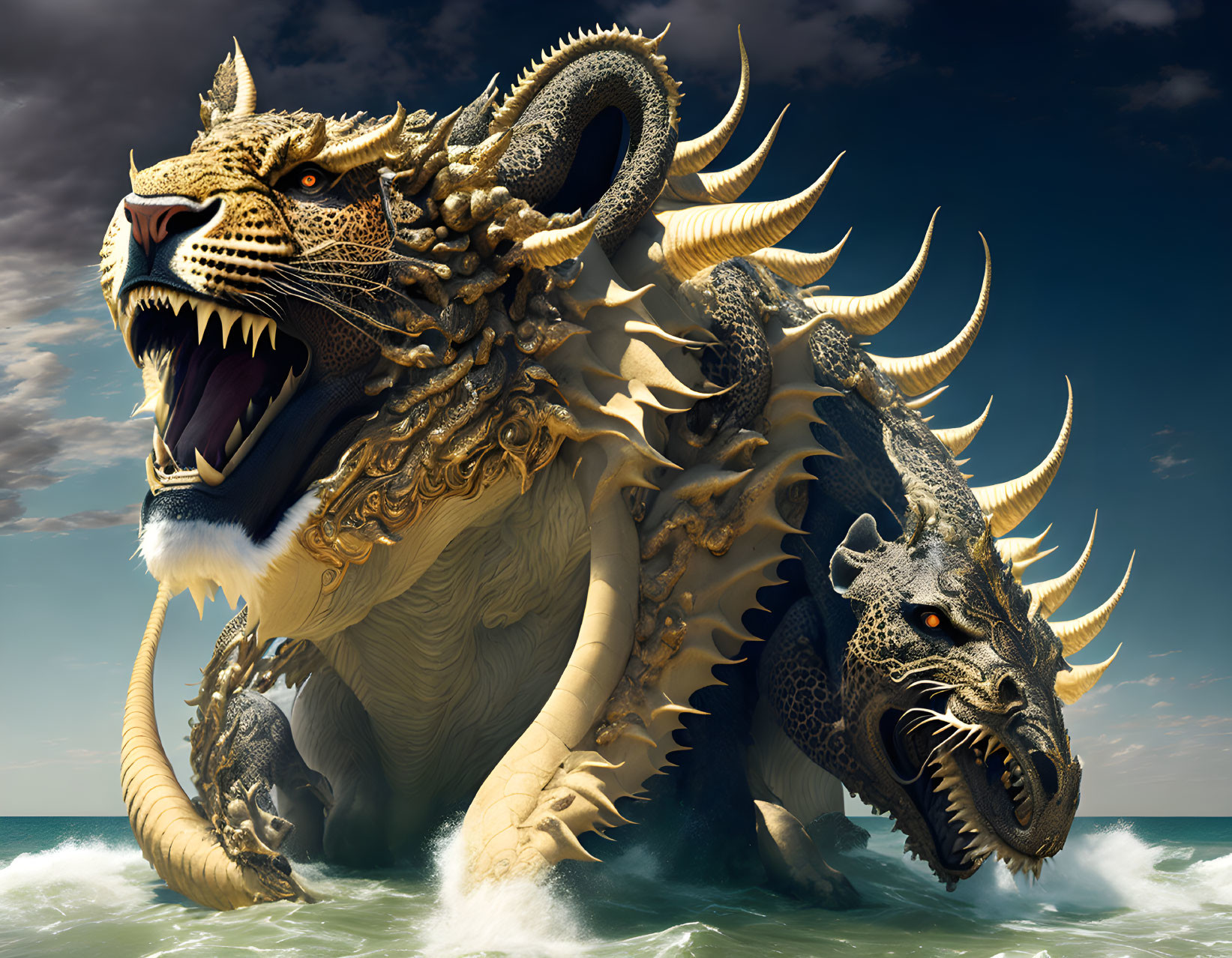 Mythical chimera with lion and dragon heads in ocean waves