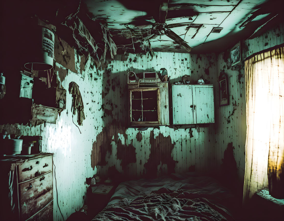 Decrepit room with peeling wallpaper, cobwebs, dilapidated furniture, and glowing window