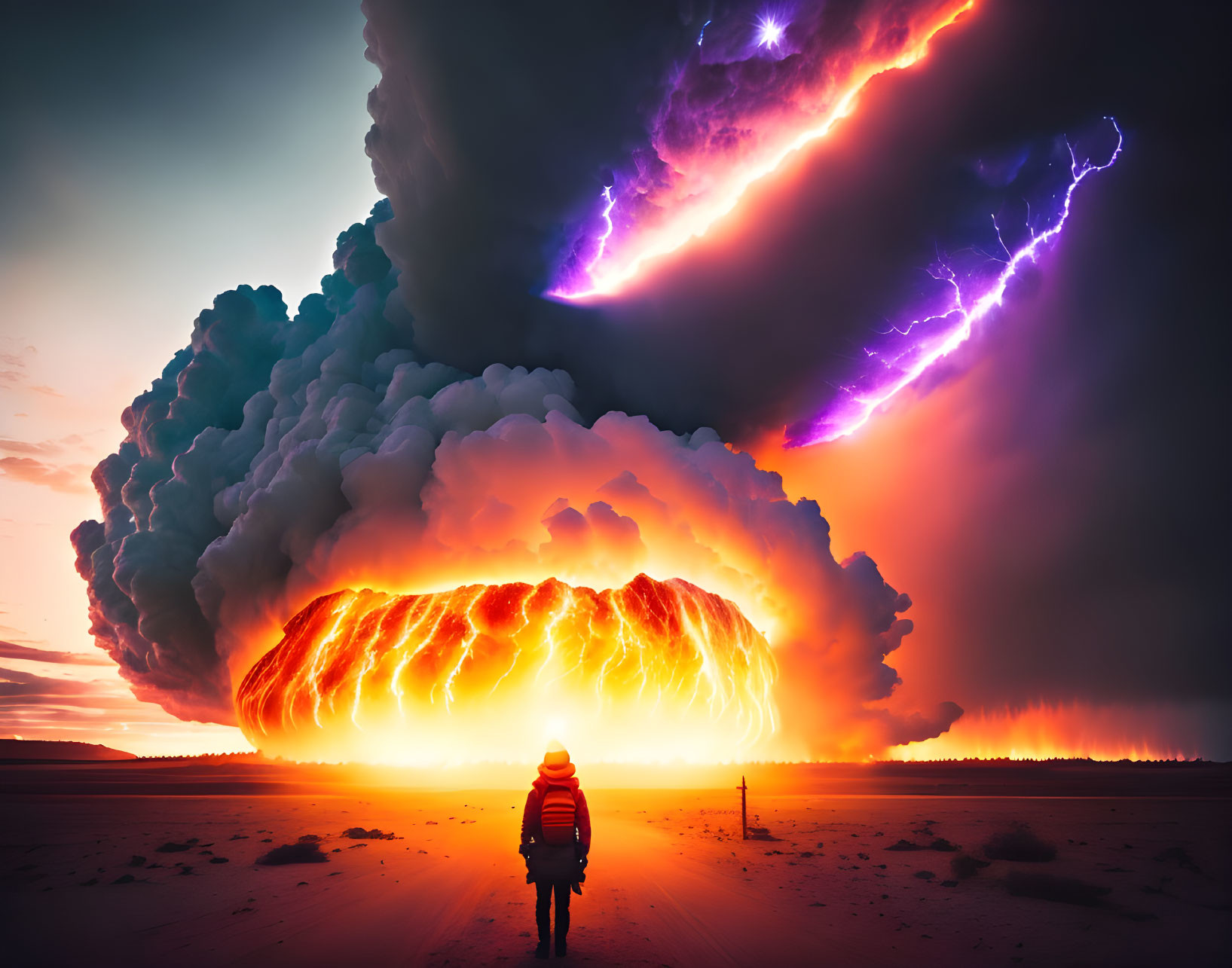 Person facing massive fiery explosion with purple lightning in the sky