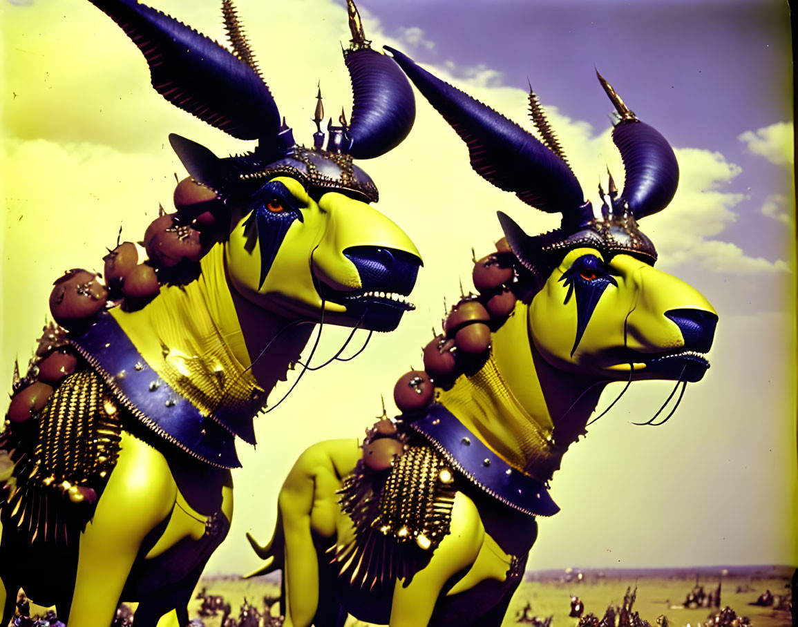 Vibrant ox-like creature statues under blue sky