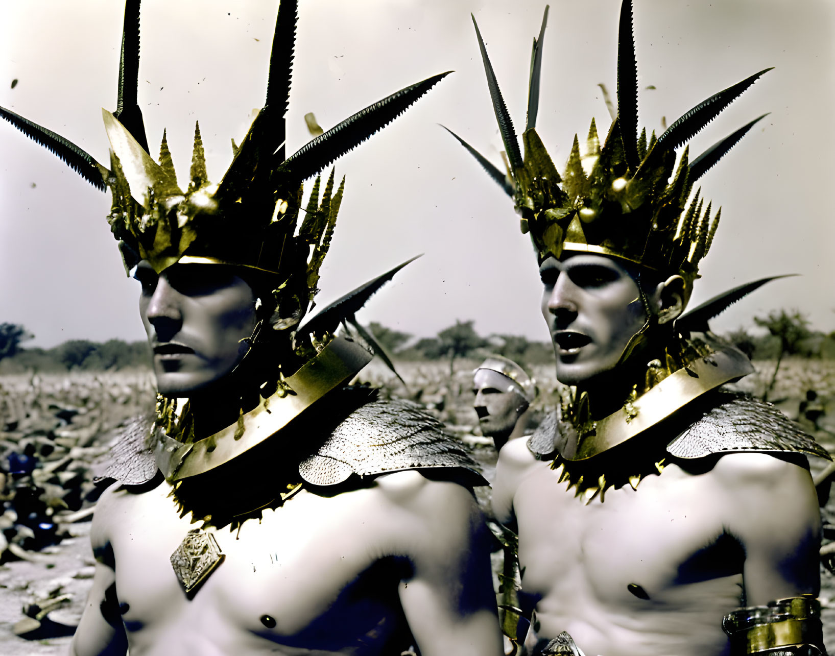 Two individuals in spiked headgear and armored shoulder pieces on neutral background