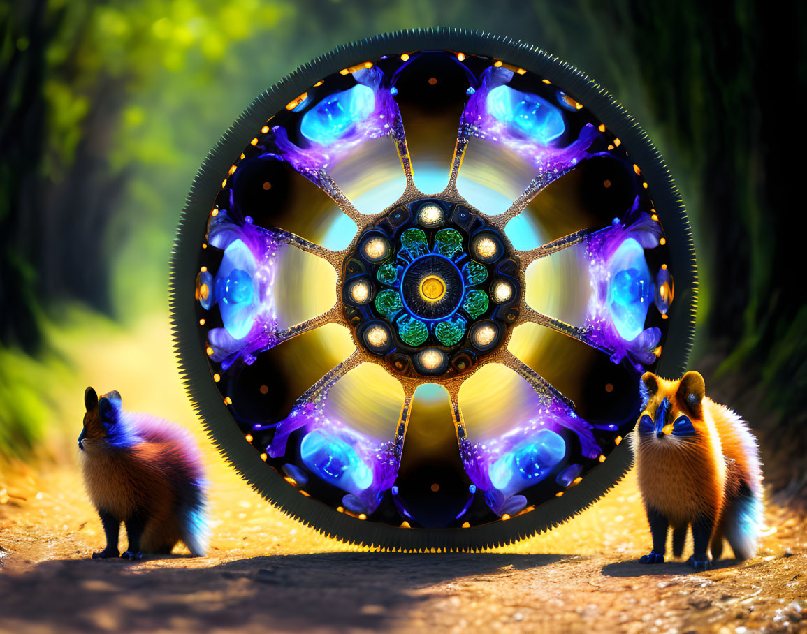 Luminous wheel with blue gems in sunlit forest with foxes