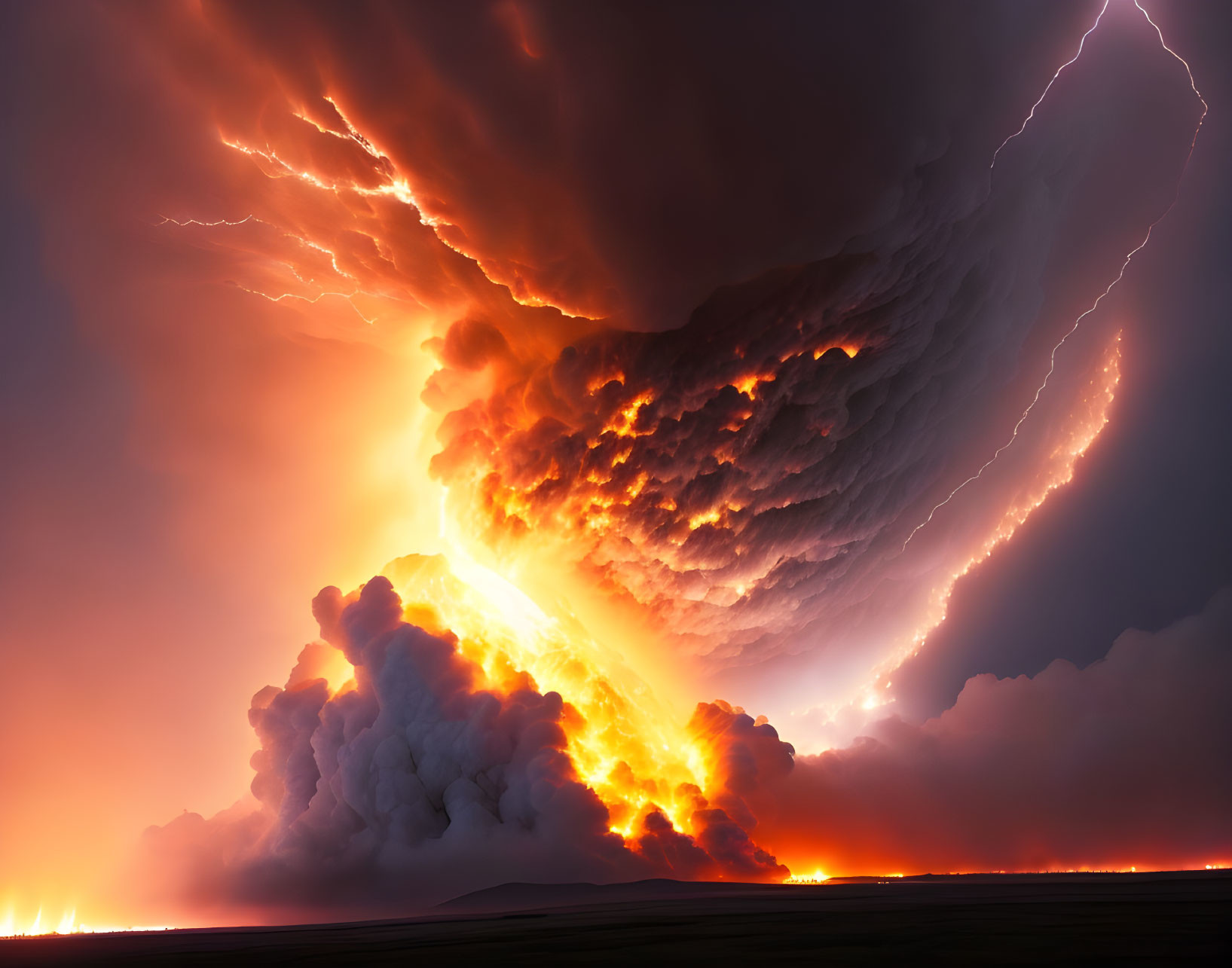 Dramatic volcanic eruption at twilight with lightning and molten lava.