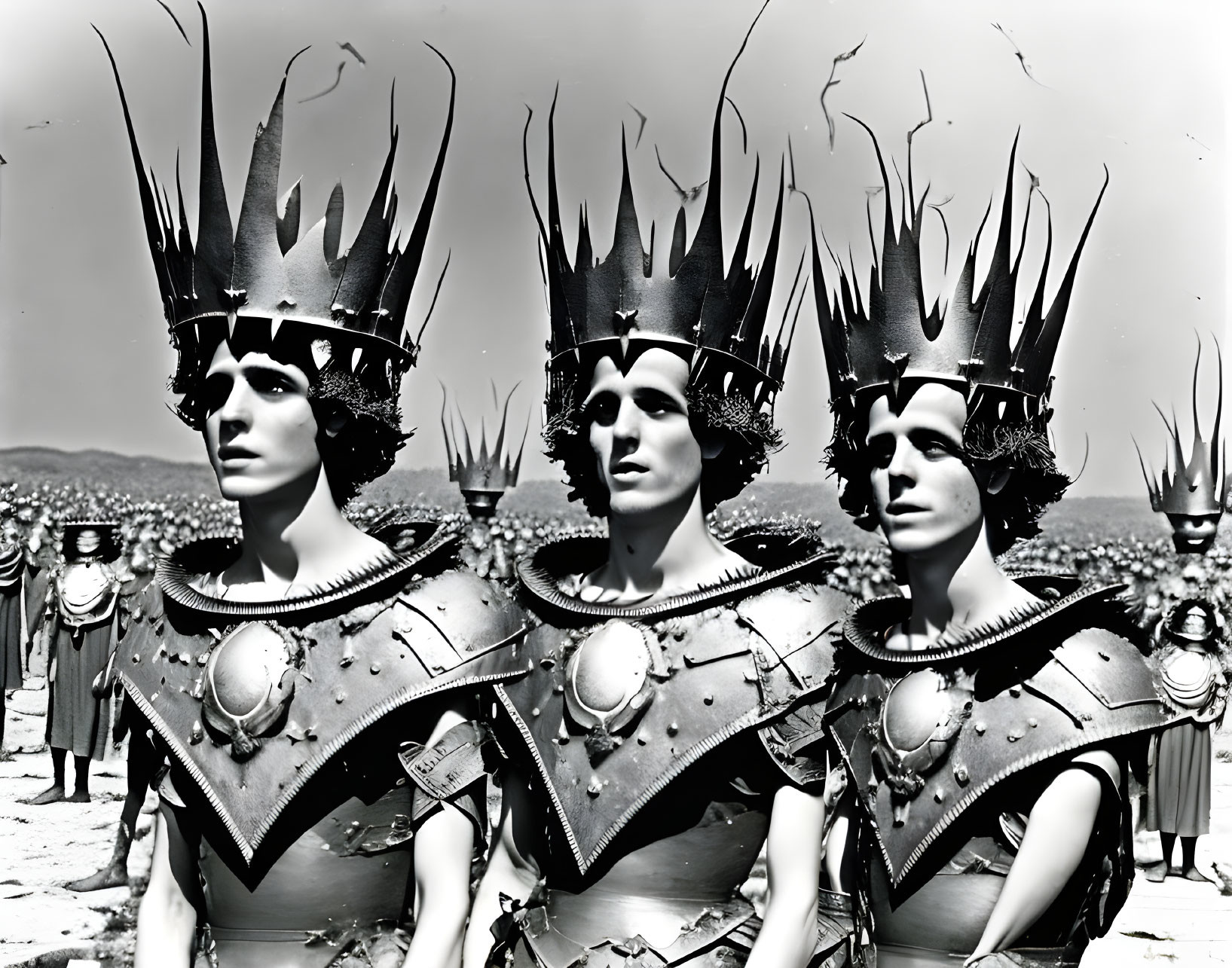 Three figures in flame-designed armor and crowns, surrounded by a crowd