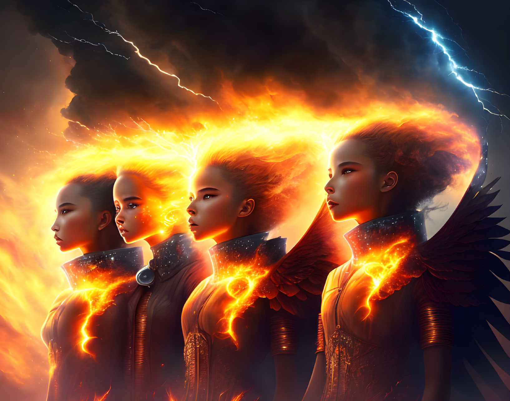 Ethereal figures with fiery hair and wings in stormy backdrop