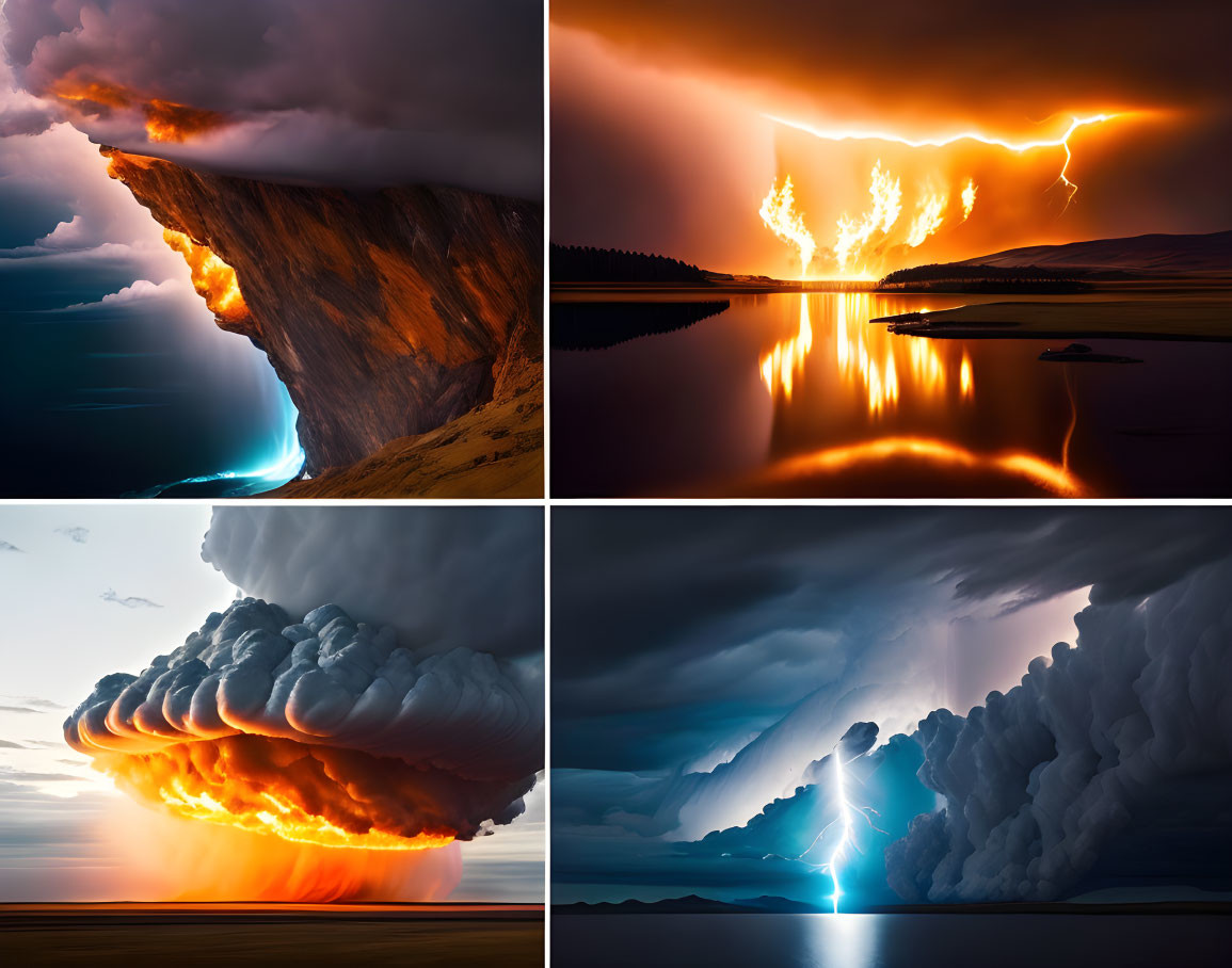 Dramatic nature scenes: glowing cliff, lightning strike, fiery clouds, intense storm