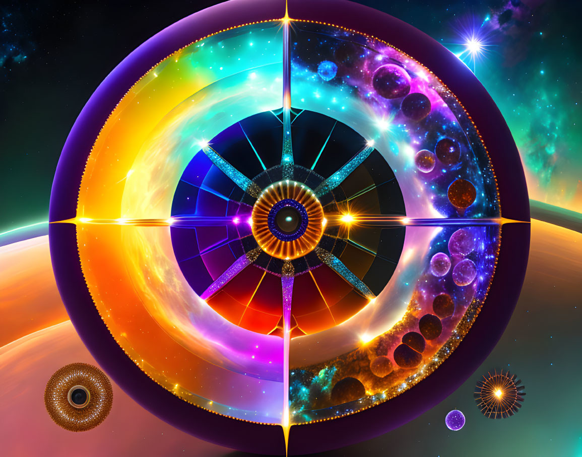 Colorful cosmic abstract art with circular rainbow spectrum and starry space background