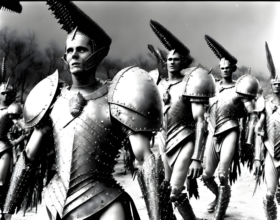 Fantasy spiked armor group with dramatic mohawks marching in stylized formation