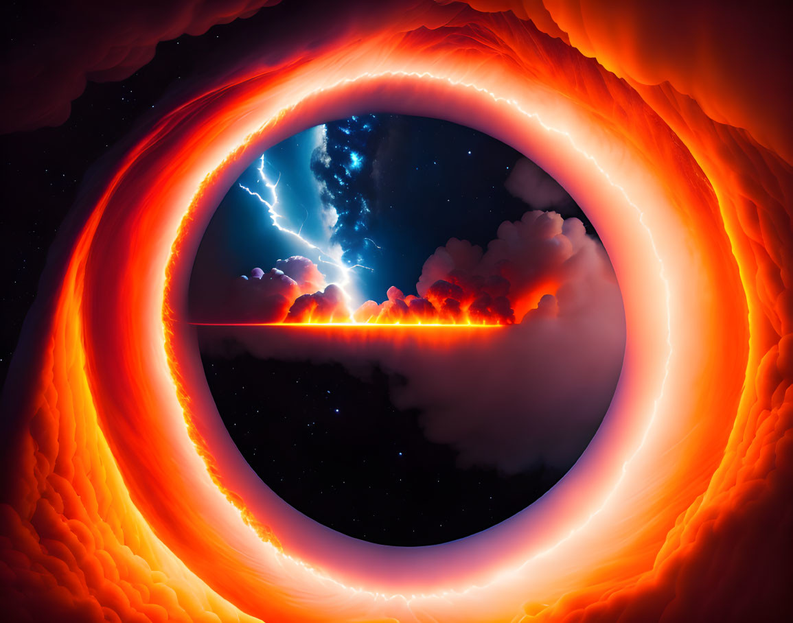 Surreal image of glowing orange ring with night sky and lightning bolt