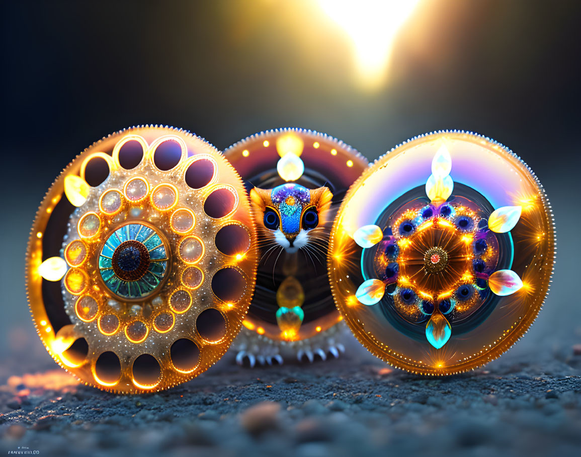 Three ornate spherical objects with intricate jewelry-like designs on warm bokeh background