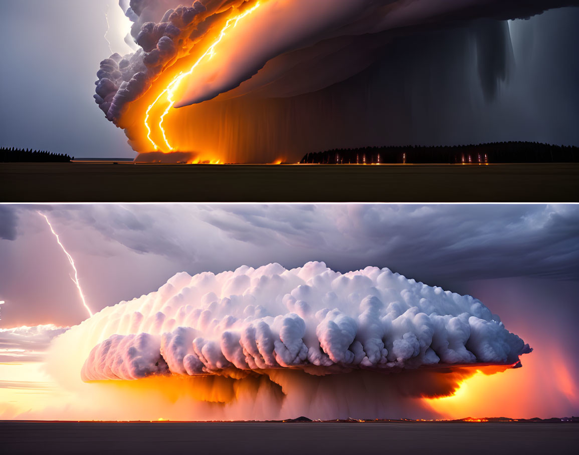 Composite Image of Dramatic Cloud Formations with Lightning and Intense Sunset Sky