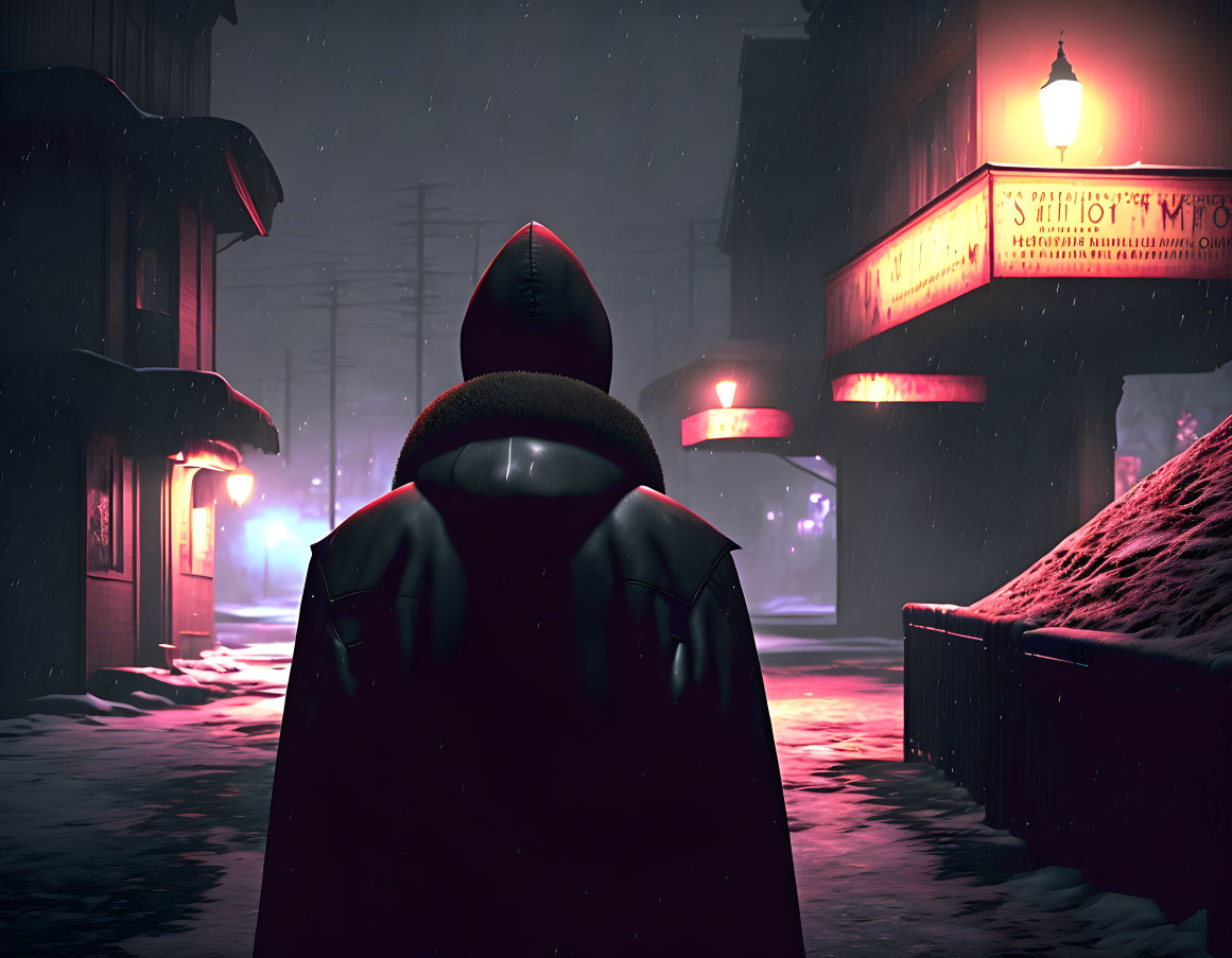 Person in Red Hooded Cloak in Snowy Night Scene with Street Lights and Neon Sign