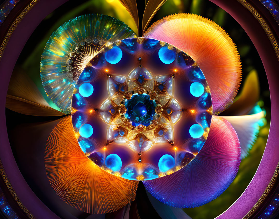 Symmetrical fractal image with kaleidoscopic mandala and luminous feather-like structures