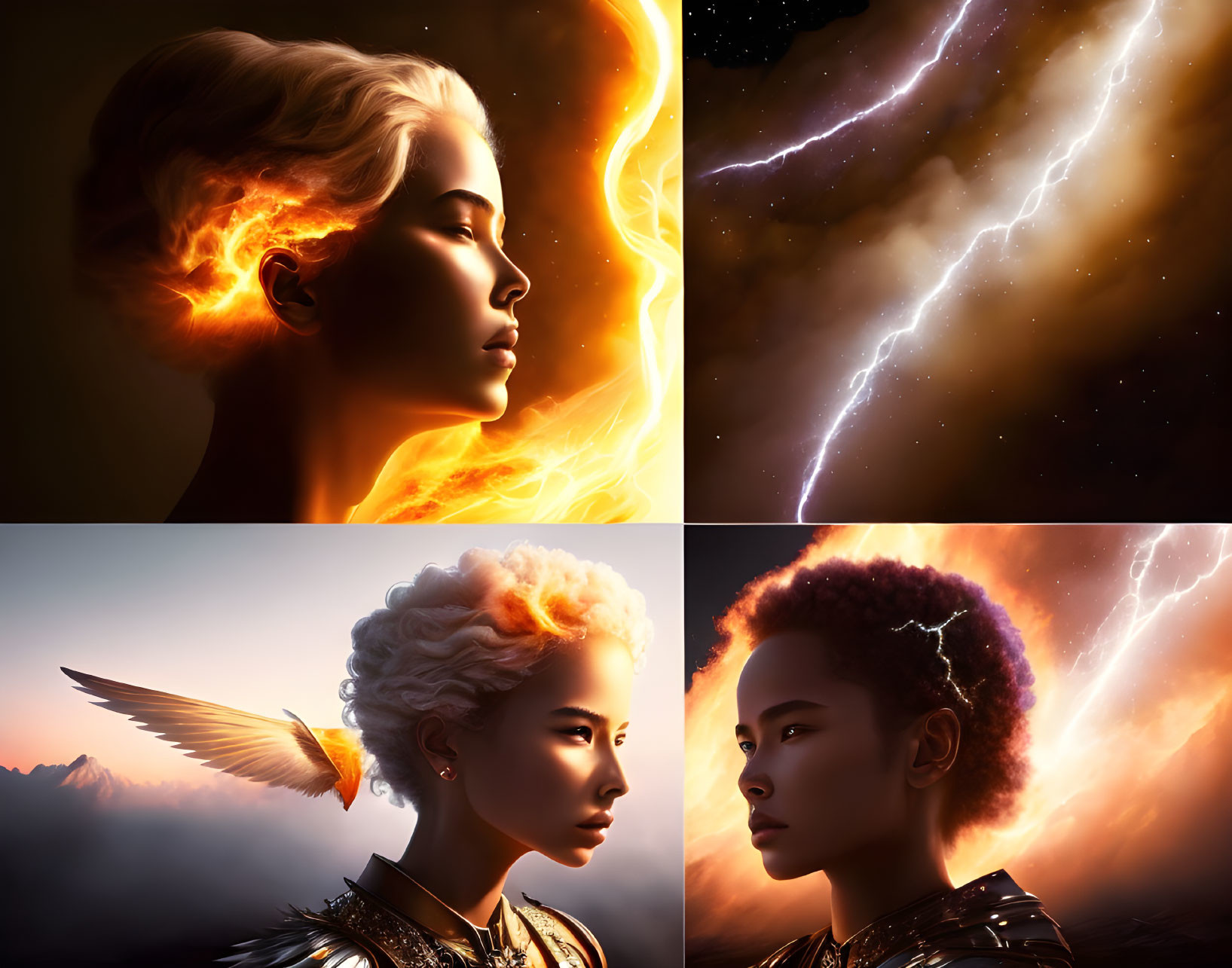 Composite Image: Profile Portraits with Fire and Air/Lightning Effects