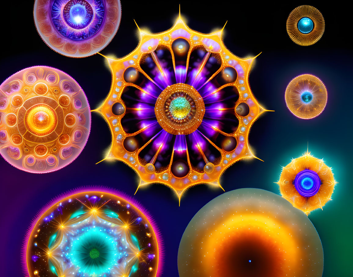 Colorful fractal patterns on dark background: a vibrant digital art piece