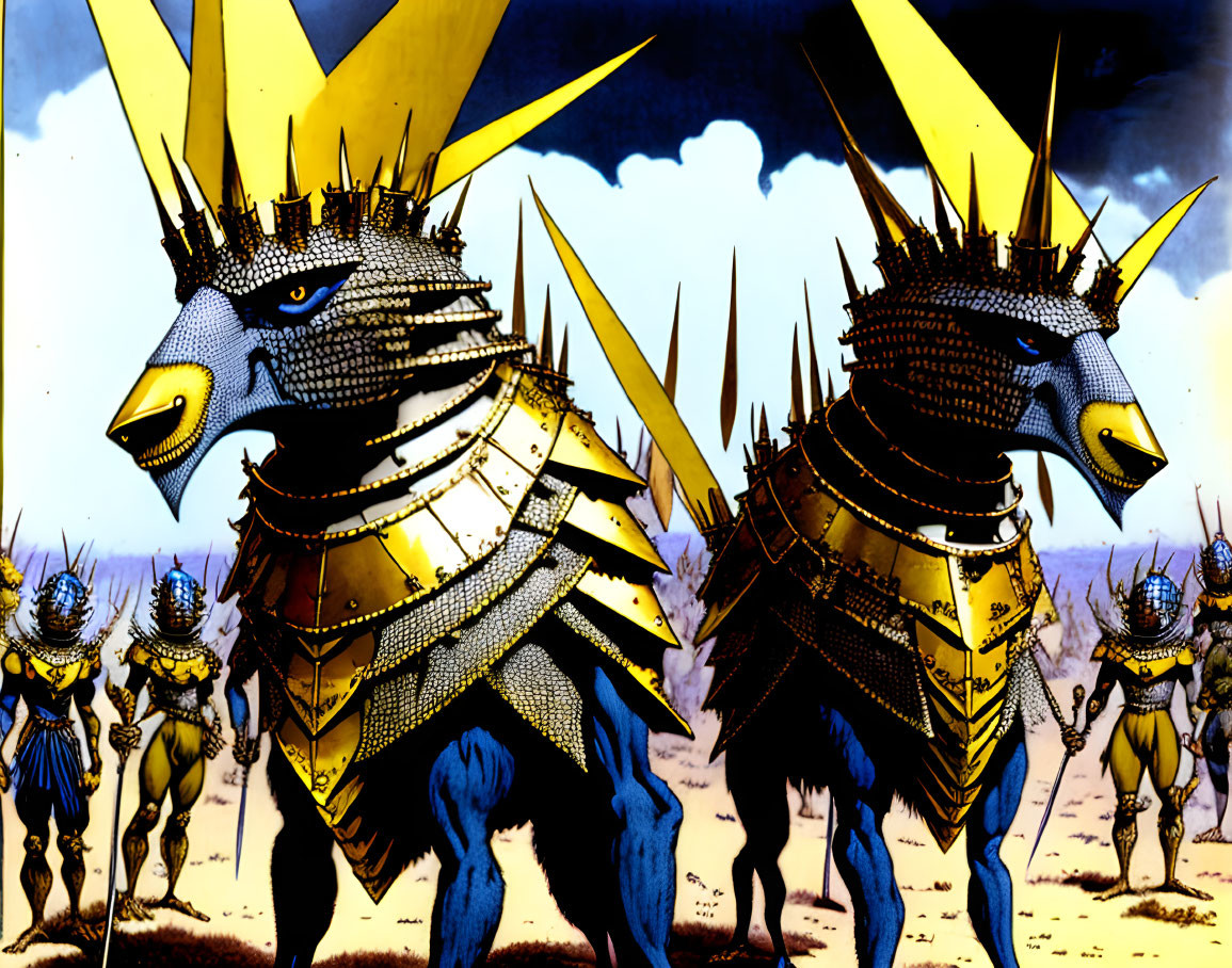 Armored bird warriors with yellow crests in samurai-like armor under cloudy sky