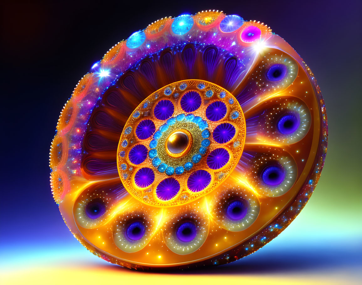 Colorful circular fractal pattern art in purple, blue, and orange on gradient backdrop