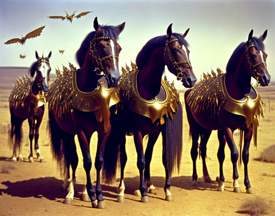 Three horses in golden armor in desert landscape with flying birds