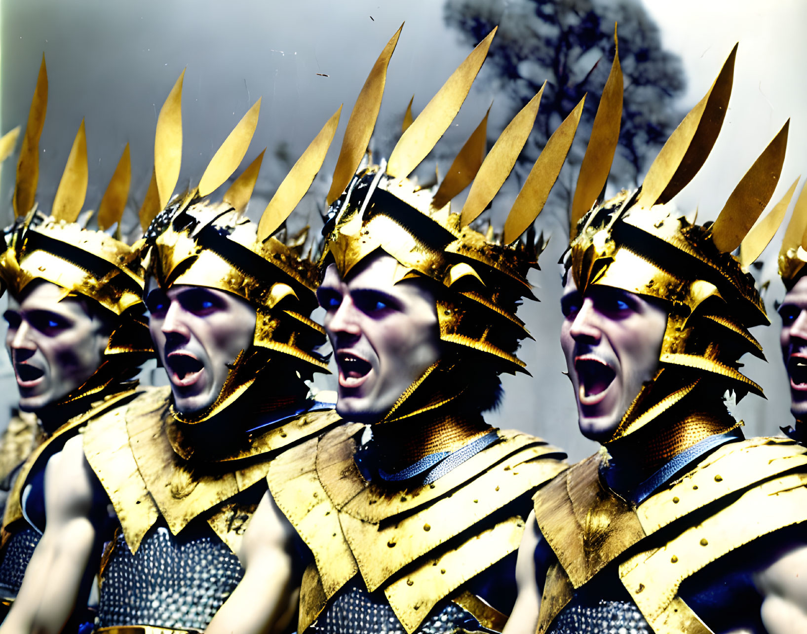 Group of performers in golden spiky helmets and armor portraying intense emotion