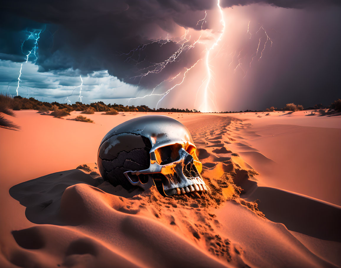 Metallic skull buried in desert sands under dramatic lightning sky