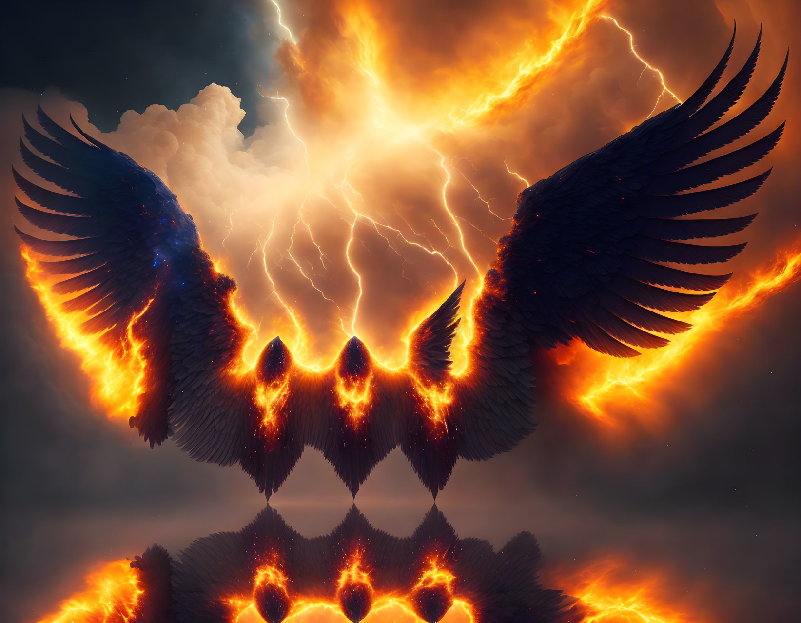 Fiery Phoenix with Spread Wings Amidst Lightning and Clouds