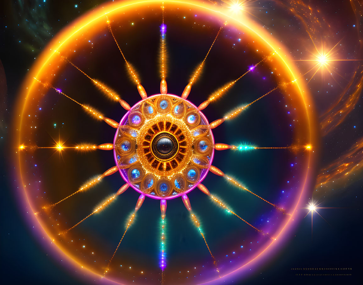 Colorful Mandala Artwork with Gems and Golden Light on Cosmic Background