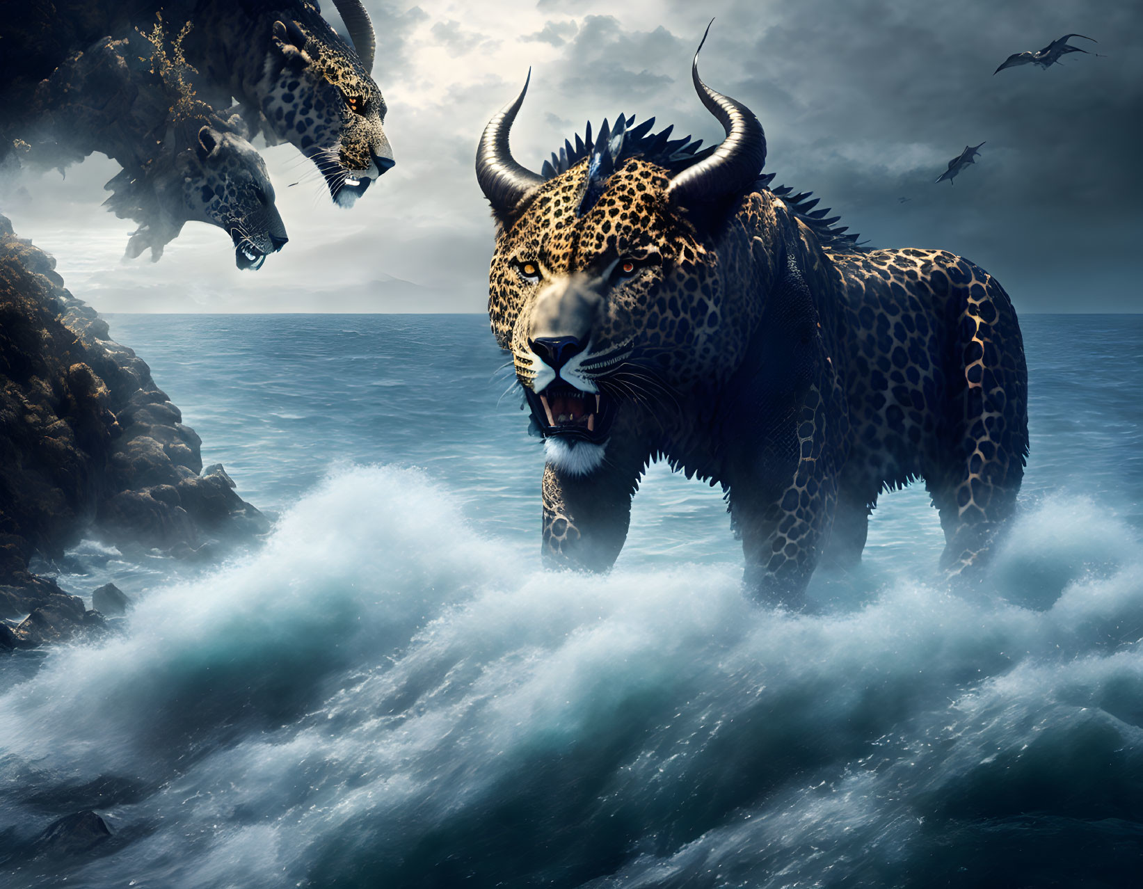 Fantastical image: Leopard with horns in stormy seas & rocky islands