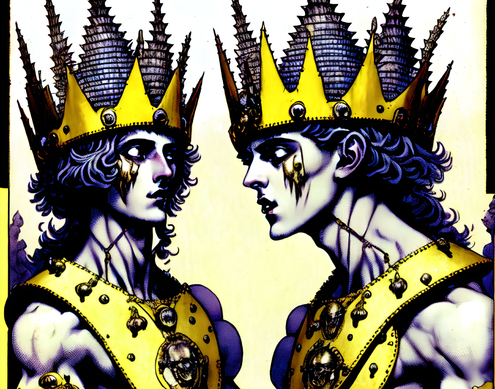 Regal figures in ornate crowns and armor mirroring each other.