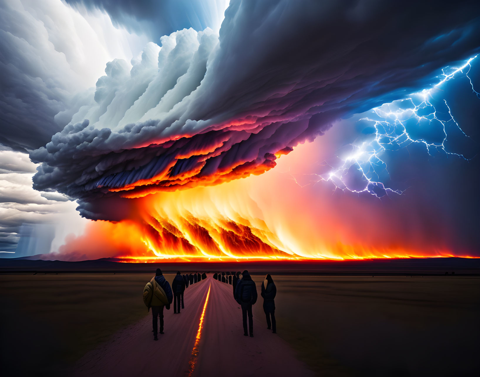 Group of people walking towards dramatic apocalyptic scene