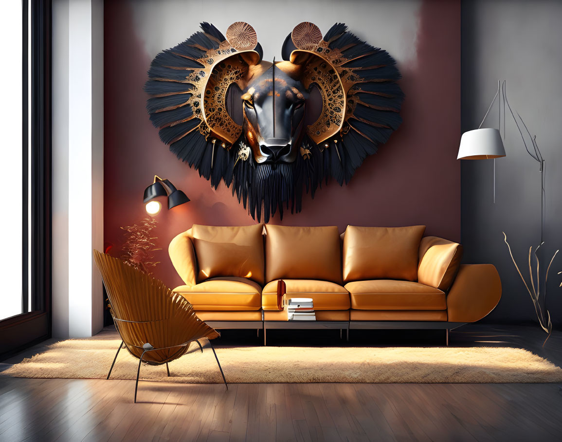 Modern Living Room with Bull Head Wall Decor & Stylish Furniture