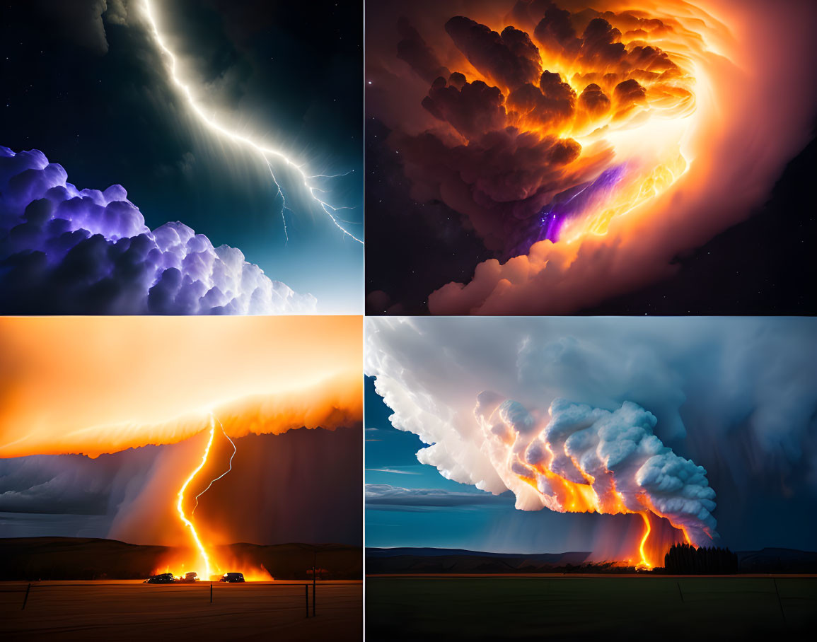 Collage of Lightning, Fiery Cloud, Thunderstorm, and Volcanic Eruption