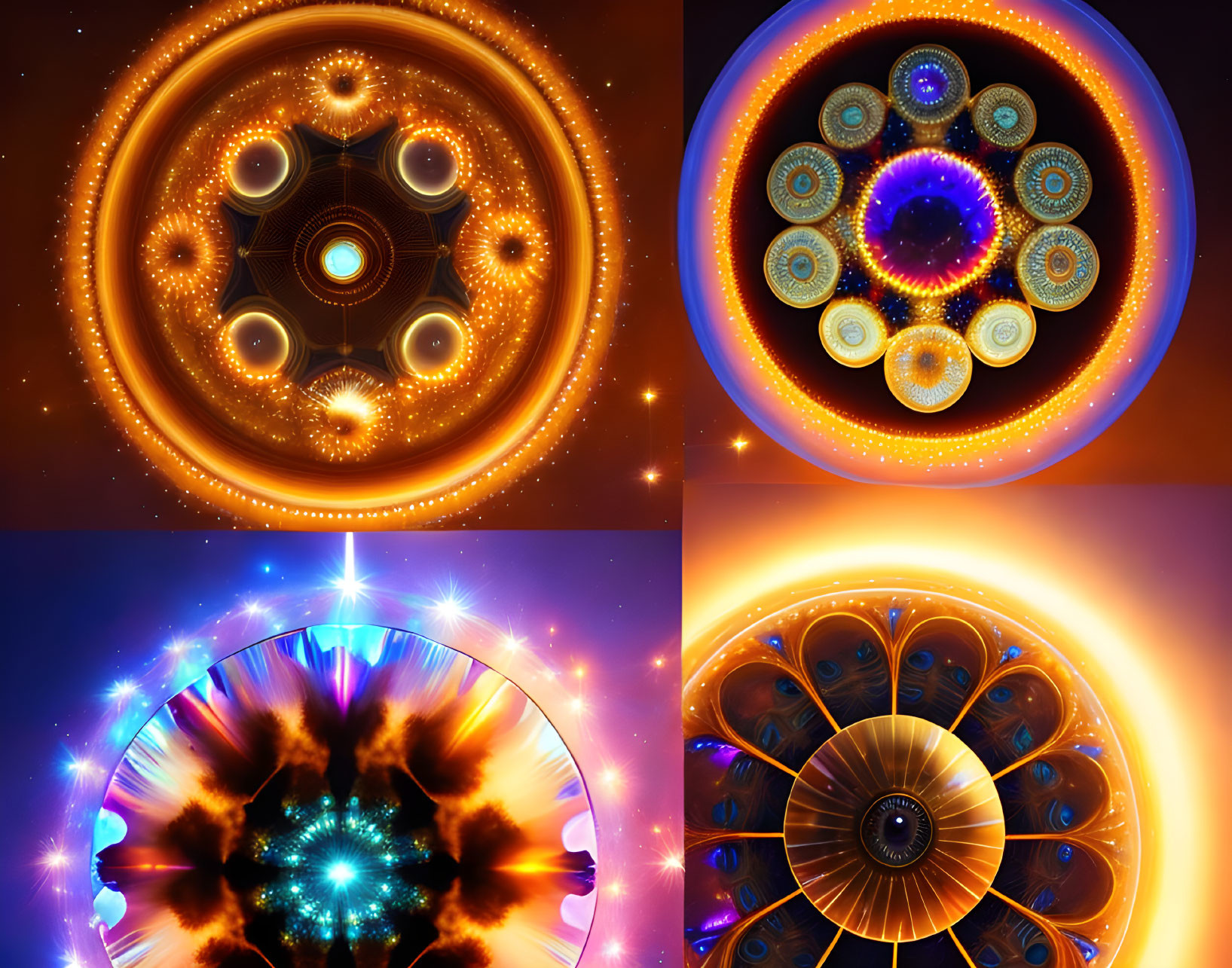 Vibrant fractal images of symmetrical patterns with glowing elements