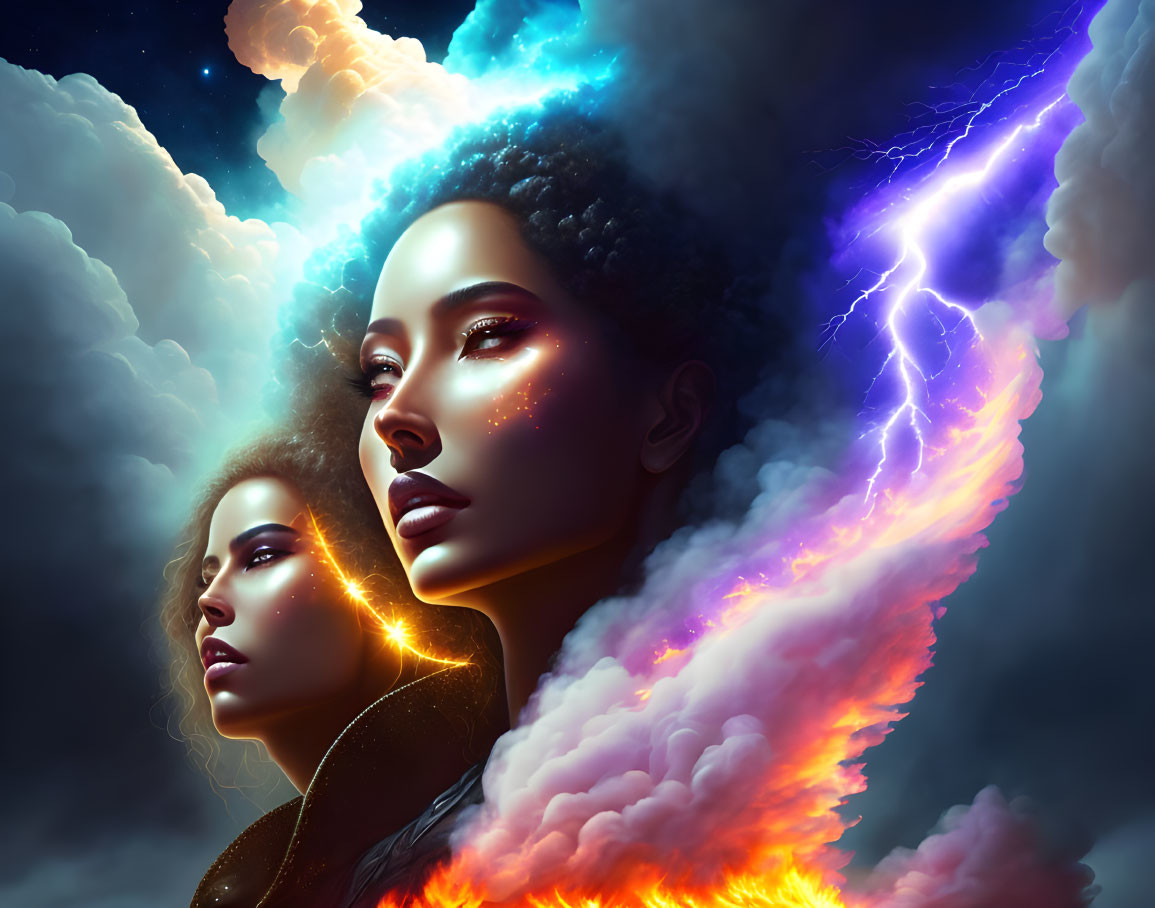 Ethereal women's faces in clouds with stars and lightning