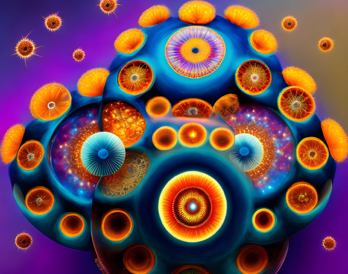 Vibrant digital art: intricate eye-like designs on purple background