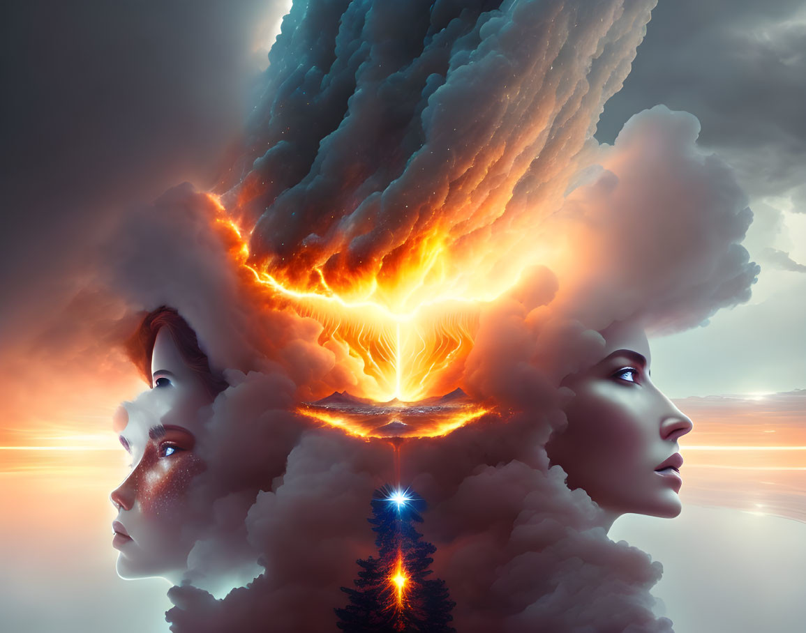 Surreal artwork: Two human faces, volcanic eruption, lone tree.