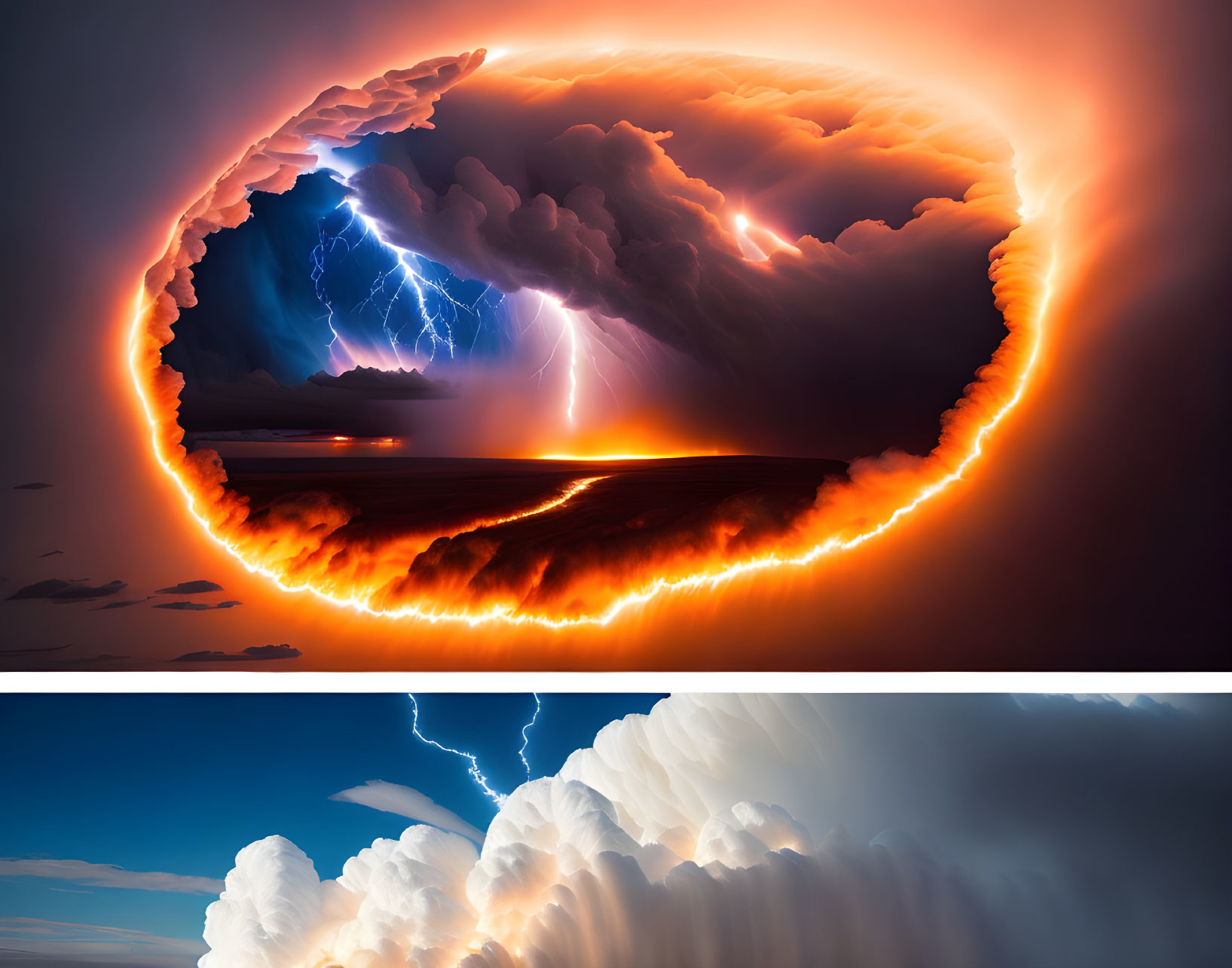 Composite Image: Glowing Orange Eye with Lightning in Stormy Sky