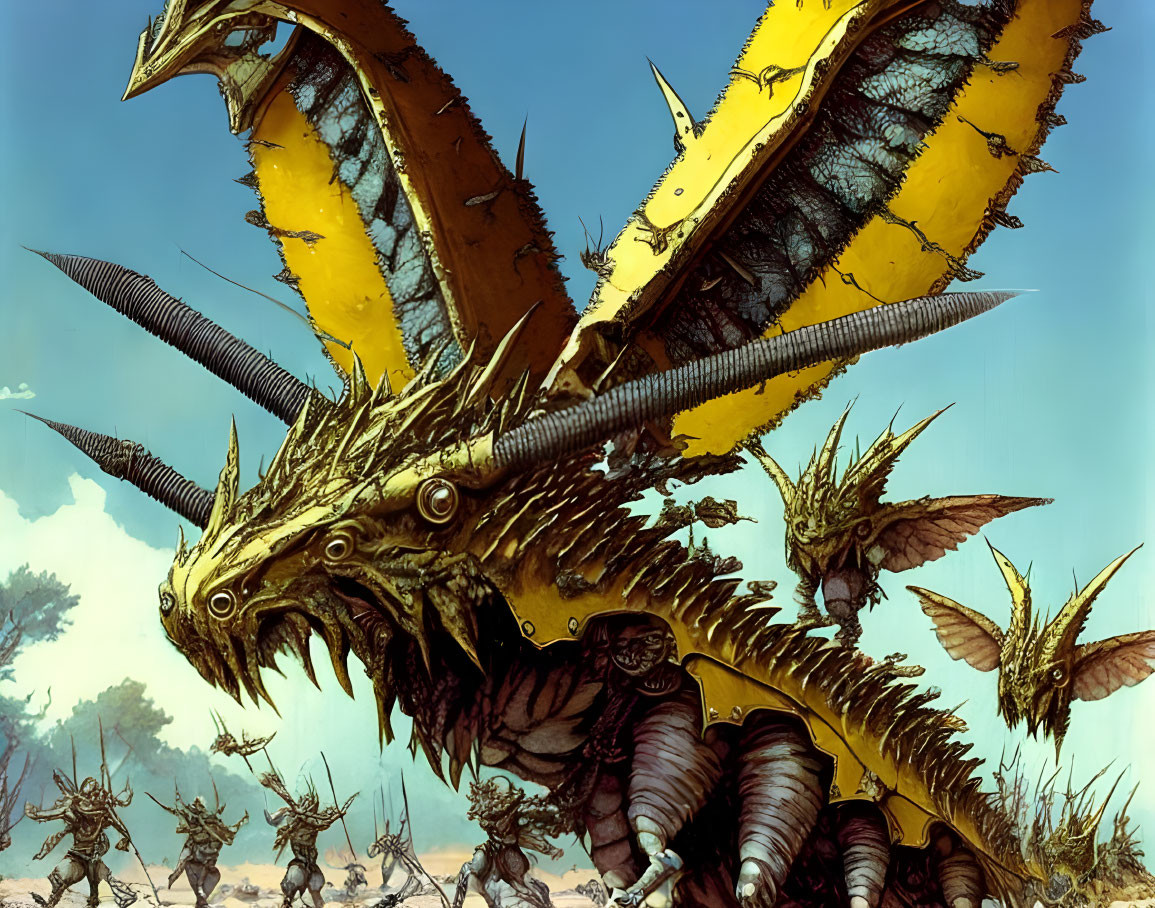 Warrior riding giant winged insect leads armored group in desert landscape