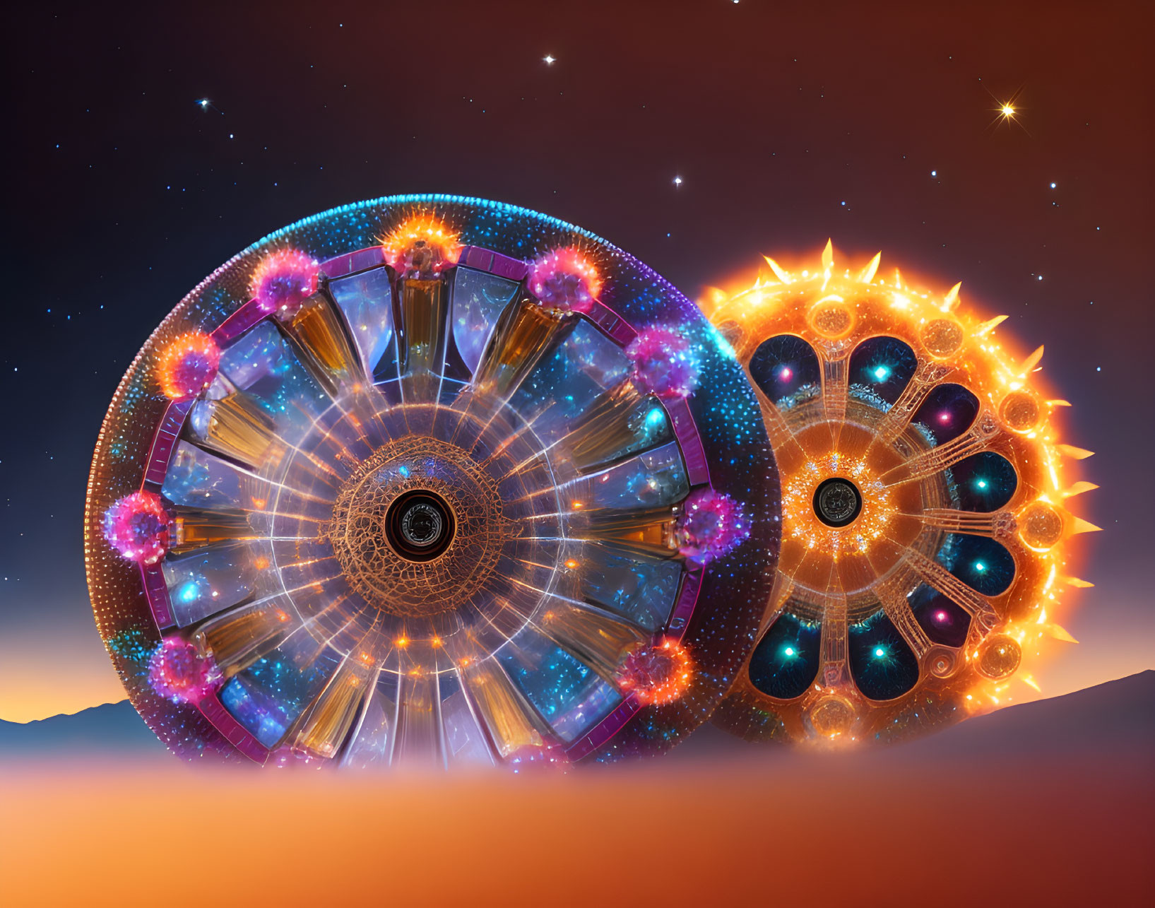 Intricate circular spaceships with bright lights against starry sky