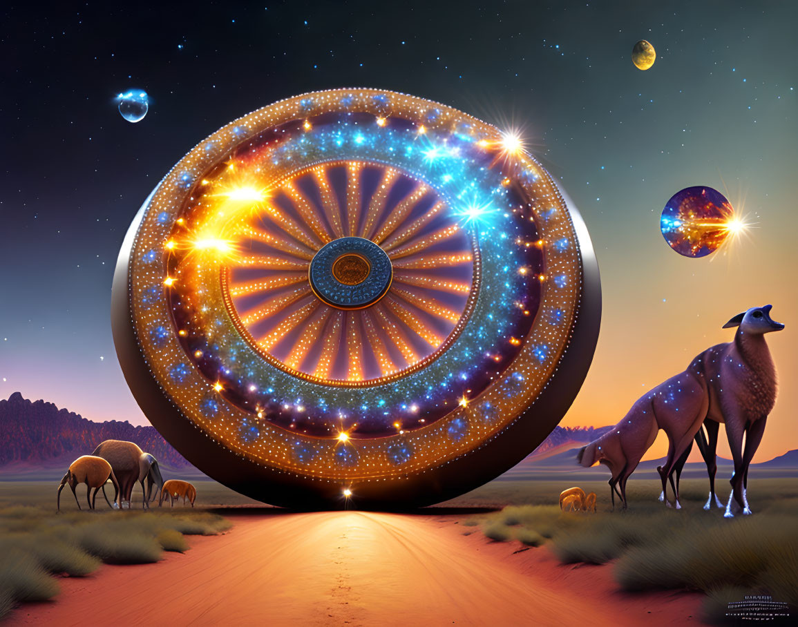 Circular UFO with bright lights in desert with animals under dusk sky