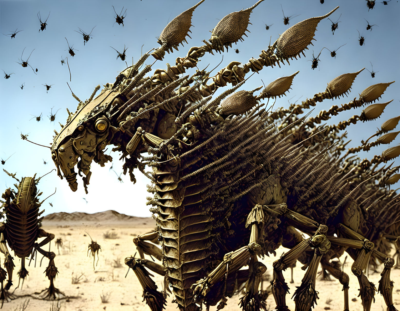 Surreal mechanical beast with exoskeleton in desert with airborne insect-like entities