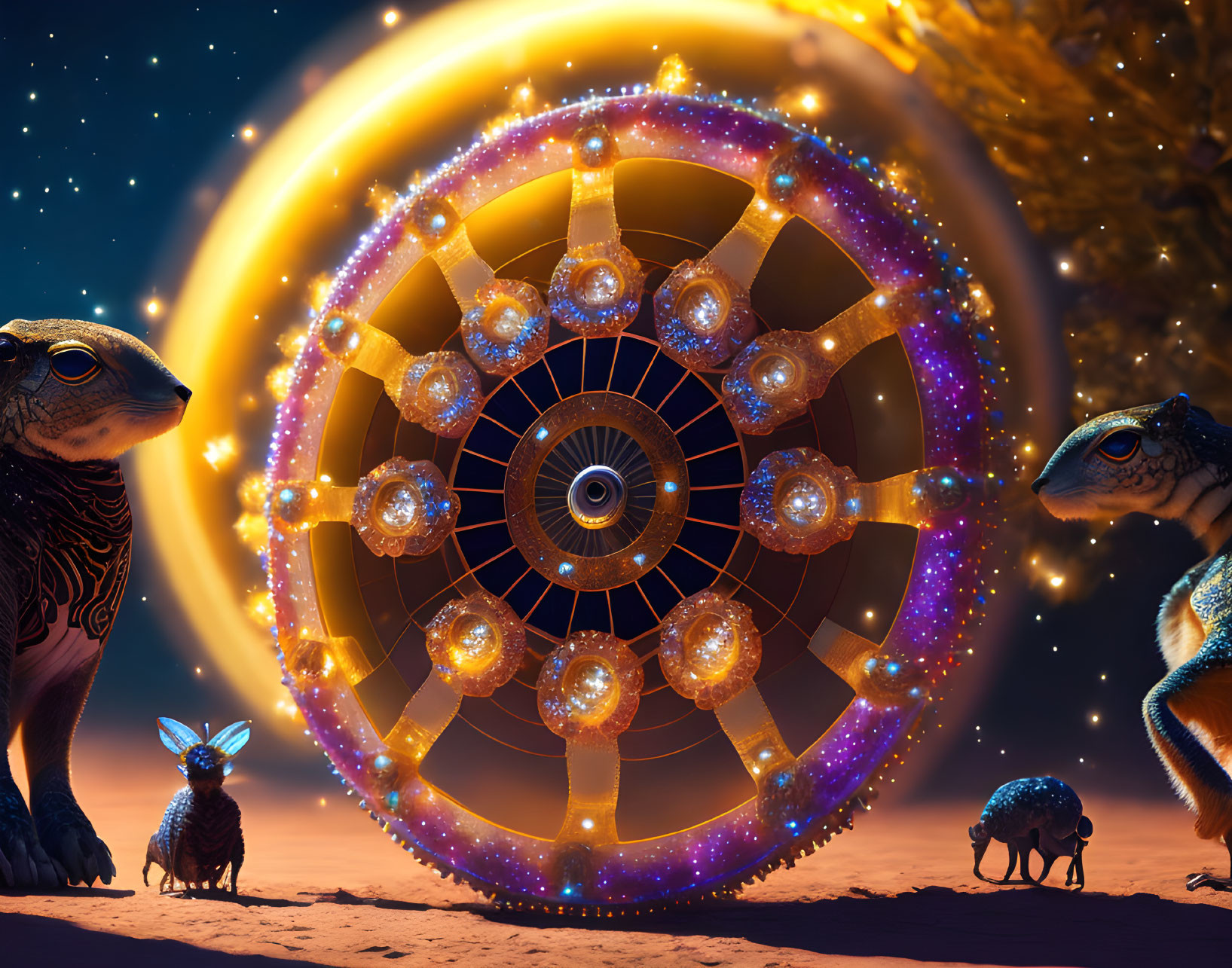 Ethereal creatures around glowing ornate wheel under starry sky