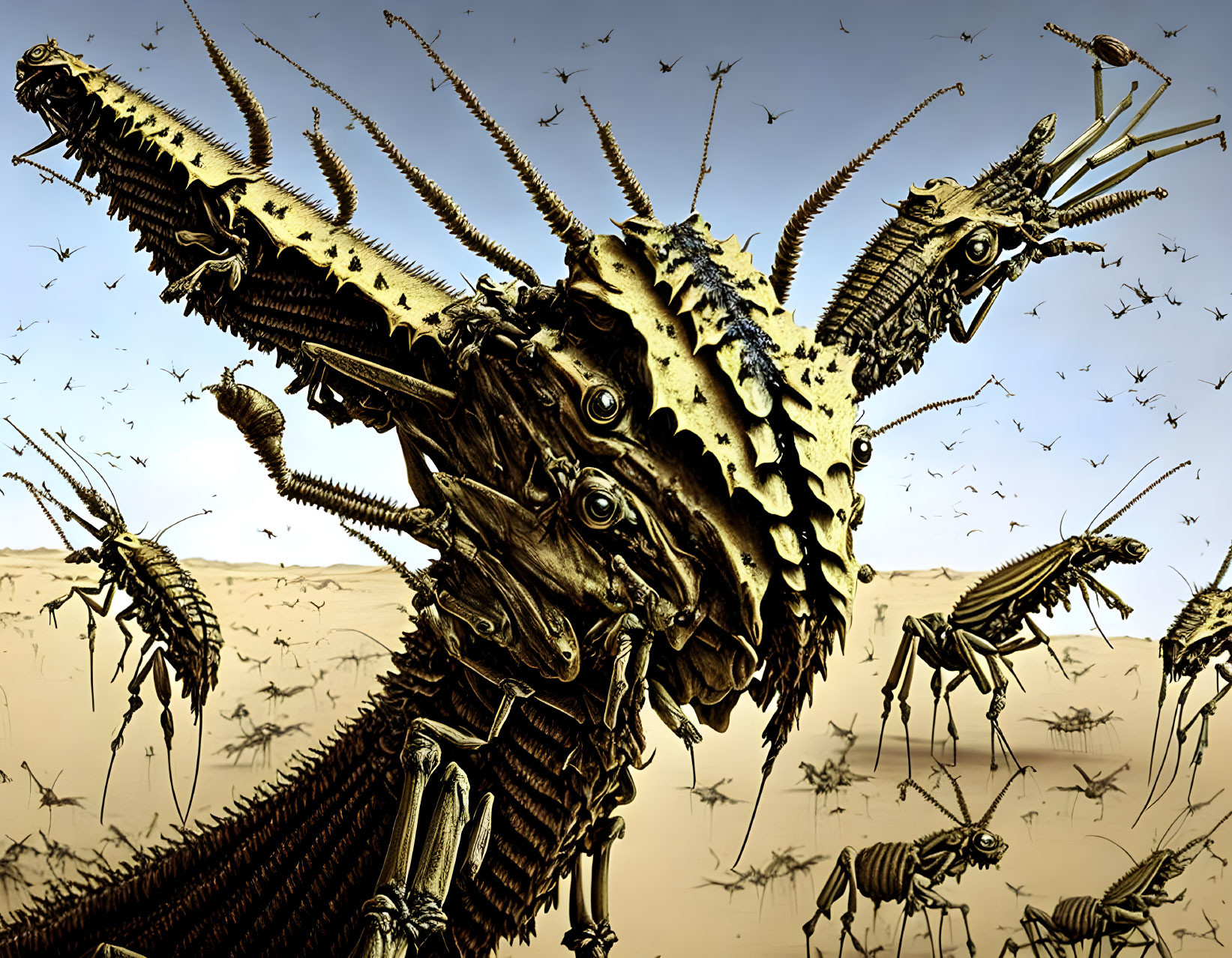 Mechanized mantis creature in desert with metal insects