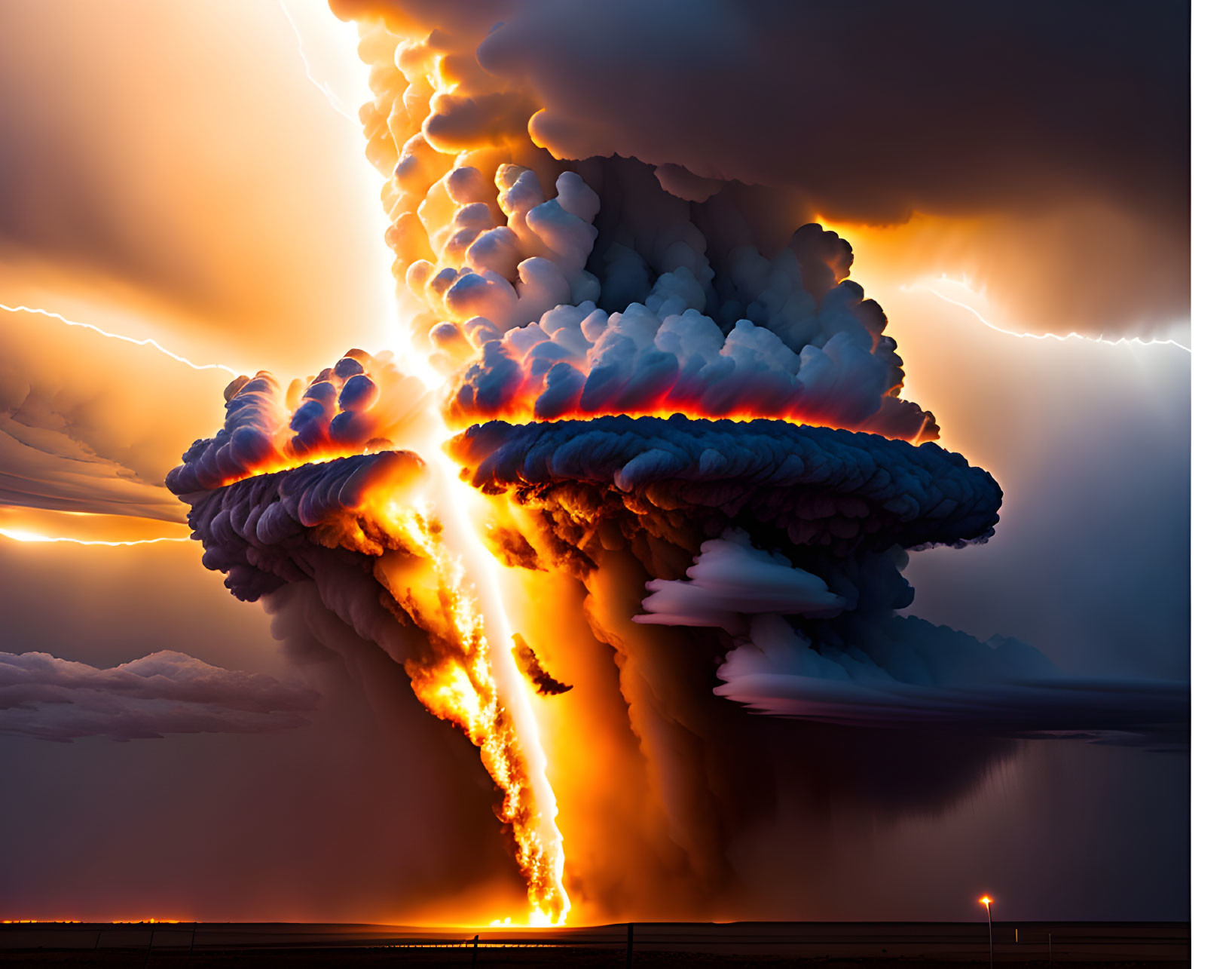 Dramatic volcanic eruption with towering ash cloud, lightning, and lava flows at dusk