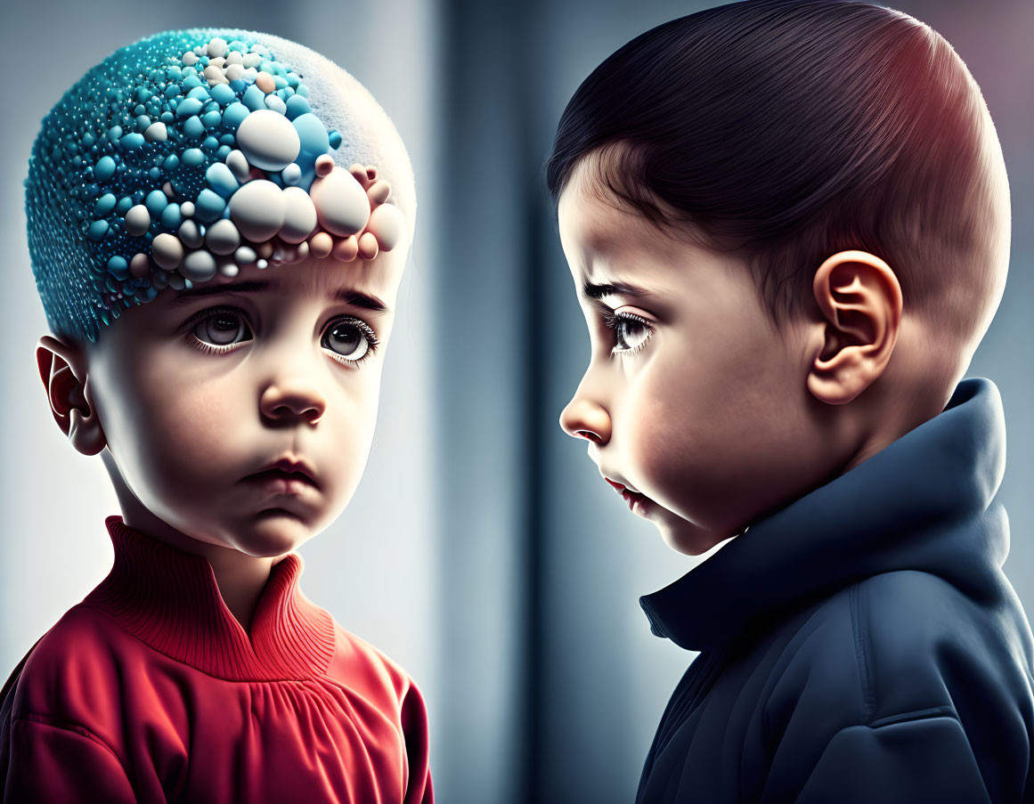 Children with mechanical head and curious observer in surreal scene