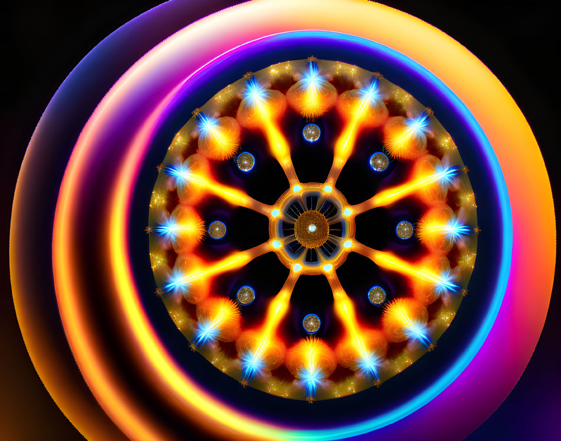 Colorful digital artwork with kaleidoscope pattern in blues, oranges, and yellows