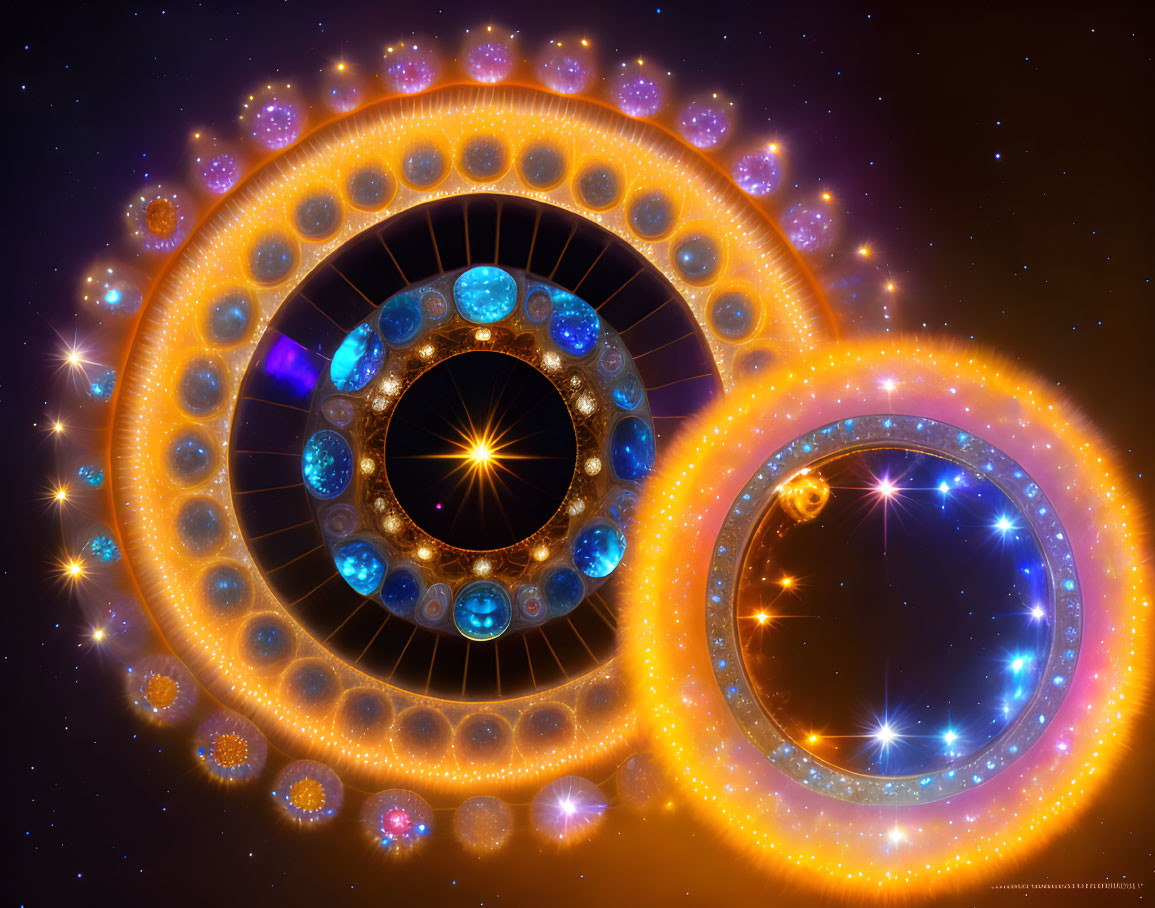 Colorful fractal art: glowing circles, jewel-like structures, stars on cosmic background