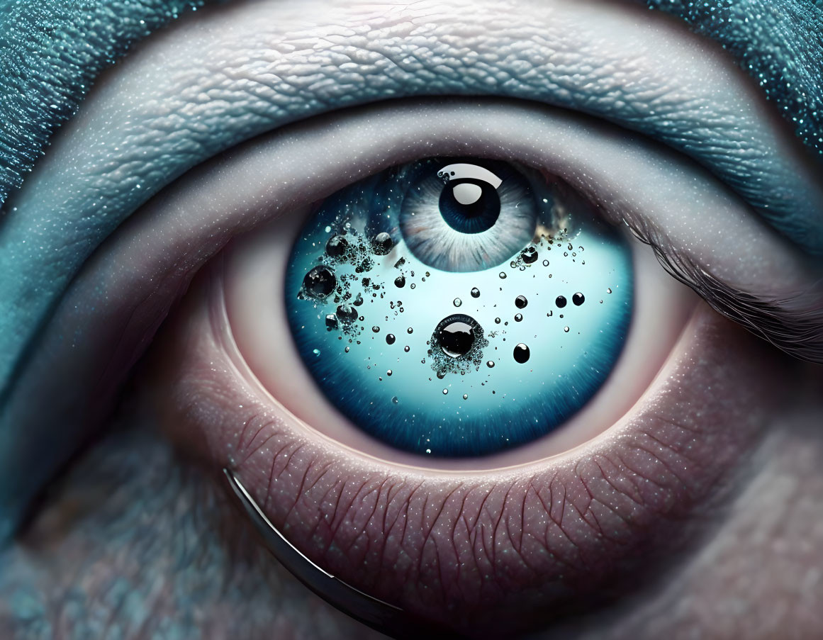 Detailed Close-Up of Blue Iris Eye with Water Droplets and Skin Textures